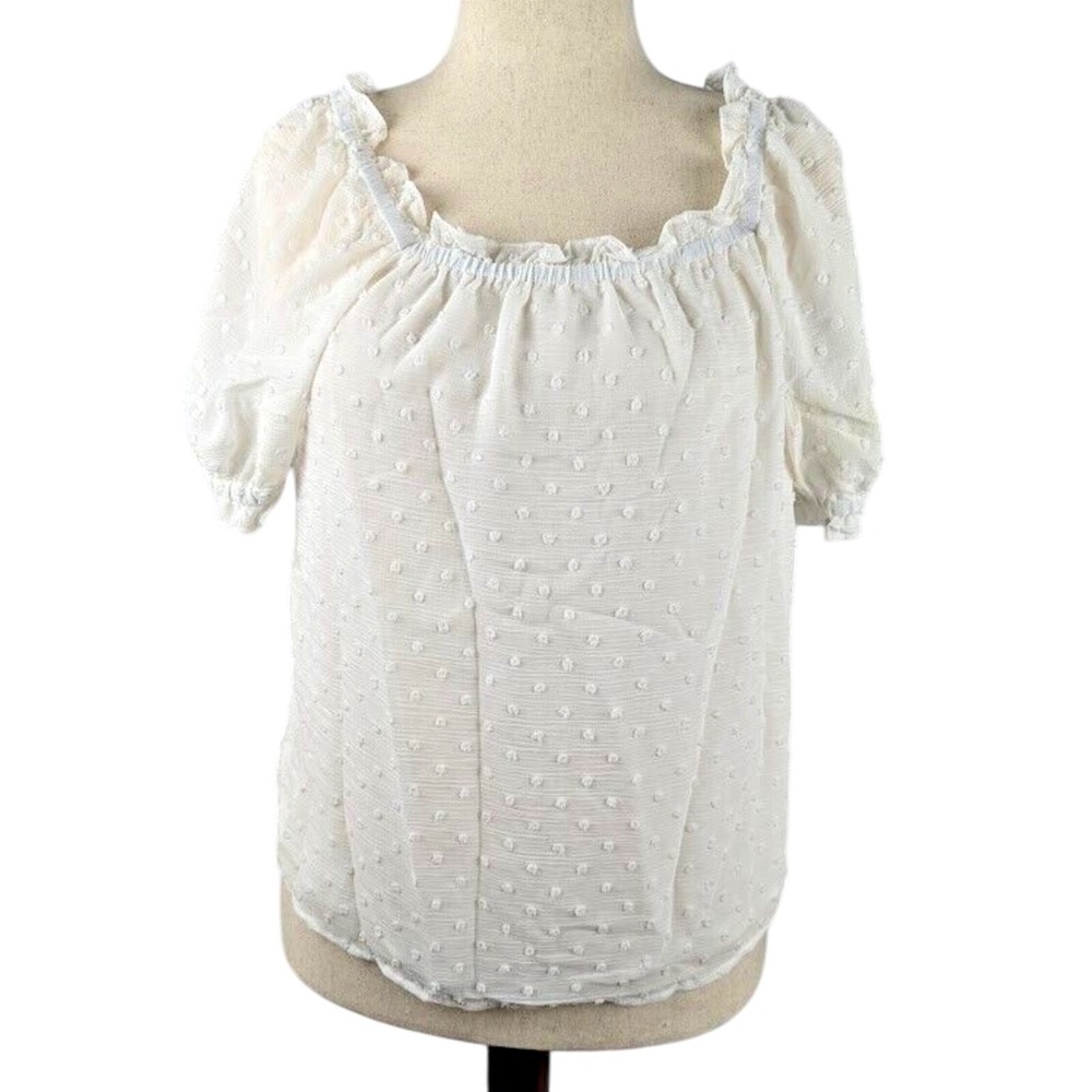 CeCe Women's Ruffle Blouse Soft Ecru Size S Sheer Spotted